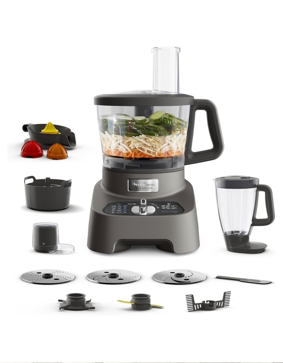 Moulinex Double Force multifunction food processor with 10 accessories, large capacity bowl, blender jug, and slicing discs